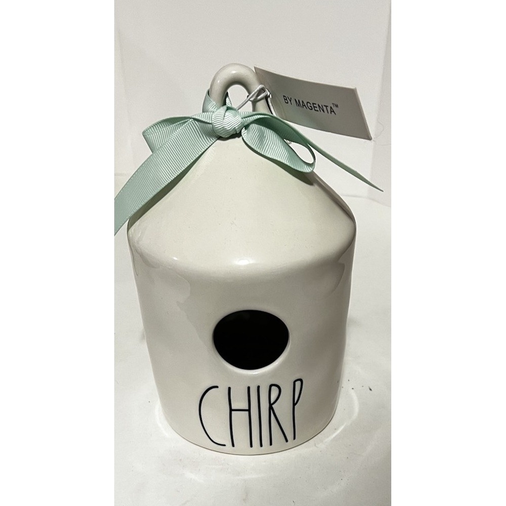Rae Dunn CHIRP Ivory Round BirdHouse With Light Blue Bow